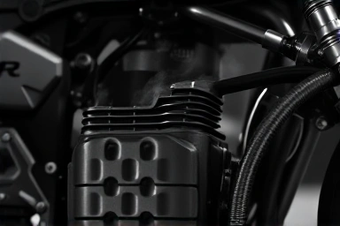 Motorcycle engine overheating with steam, conveying danger.