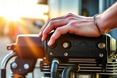 Mechanic checking motorcycle coolant on a hot day, emphasizing care.