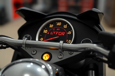 Motorcycle dashboard with illuminated engine warning light.