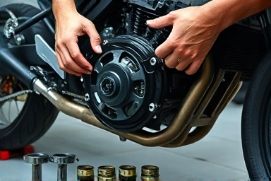 Mechanic inspecting a motorcycle engine component.
