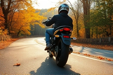 Motorcyclist checks tire during autumn tour preparation.