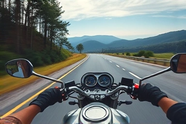 Motorcyclist riding smoothly, emphasizing fuel efficiency.