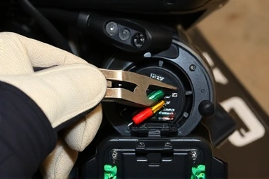 Mechanic replacing motorcycle fuse, electrical repair