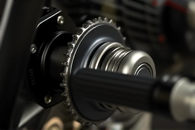 Motorcycle gear shifter close-up, showing mechanical detail.