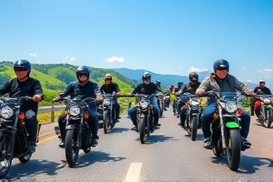 Motorcycle group riding in formation on scenic highway