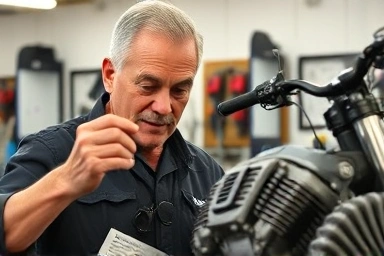 Mechanic inspecting motorcycle engine for hidden defects.