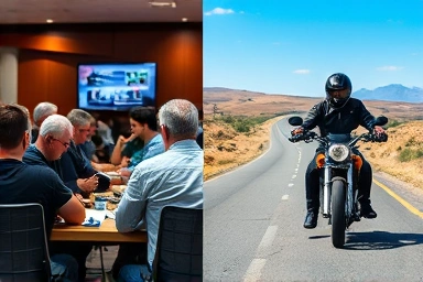 Motorcycle owners sharing information, rider on open road.