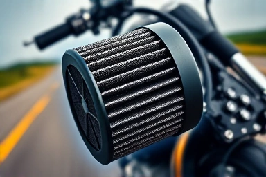 High-performance motorcycle air filter, engine power upgrade symbol.
