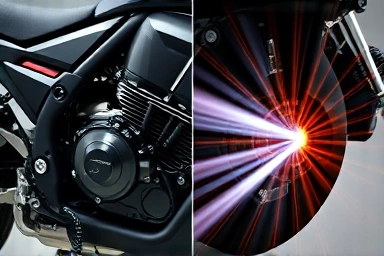 Motorcycle engine airflow enhancement, performance upgrade visualization.