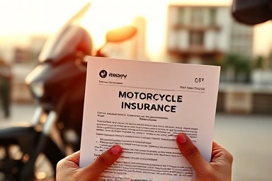 Hands holding motorcycle insurance policy and calculator for cost savings