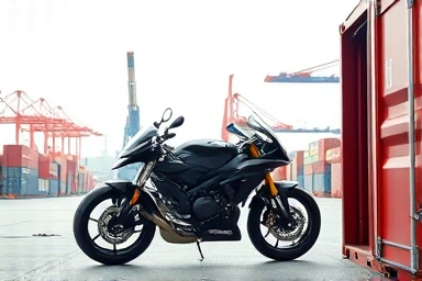 Motorcycle being loaded for international shipping