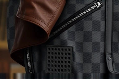 Close-up of motorcycle jacket materials: leather vs. technical textile.