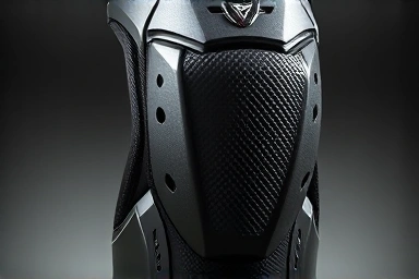 Close-up of motorcycle knee protector showing hard and soft materials