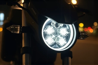 Close-up of a motorcycle LED headlight, showing detailed design and glow.