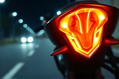 Motorcycle LED turn signal flashing brightly on a dark road.