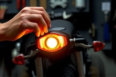 Hands installing motorcycle LED turn signal, professional upgrade.