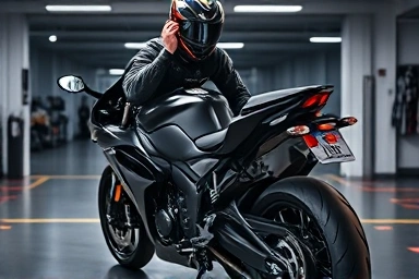 Sleek motorcycle battery upgrade in modern garage setting.