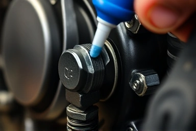 Motorcycle engine bolt secured with blue threadlocker.