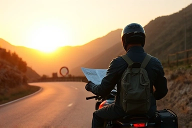 Motorcyclist calmly assessing map on scenic mountain road at sunset.