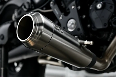 Motorcycle exhaust pipe detail, gleaming metal.