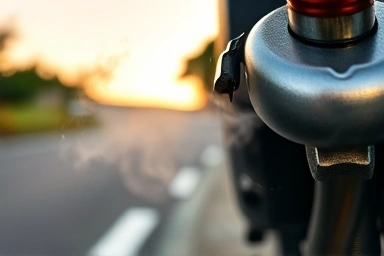 Motorcycle muffler emitting subtle steam on a scenic road at dusk.