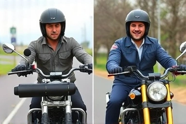 Before and after of motorcycle muffler noise: concern versus happy riding.