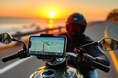 Motorcycle rider using smartphone navigation on a scenic road.