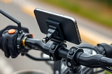 Secure smartphone mount for motorcycle handlebars, emphasizing stability.