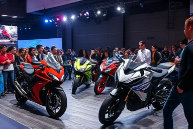Motorcycle new model launch event, futuristic bikes, innovative design, attendee engagement.