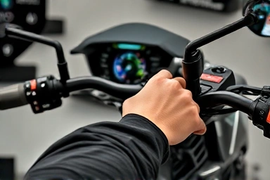 Rider's hands on motorcycle handlebars, advanced controls, test ride feel, rider-machine connection.