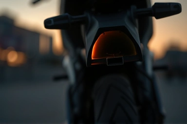 Motorcycle exhaust pipe with subtle glow at dusk