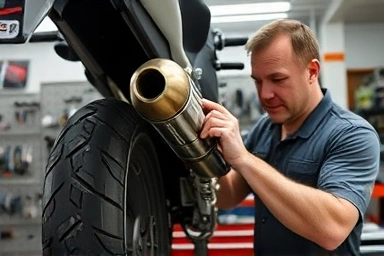 Mechanic inspecting motorcycle exhaust system in workshop