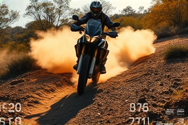 Motorcycle riding on a challenging gravel and sand trail.