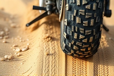 Close-up of motorcycle tire on loose sand and gravel.