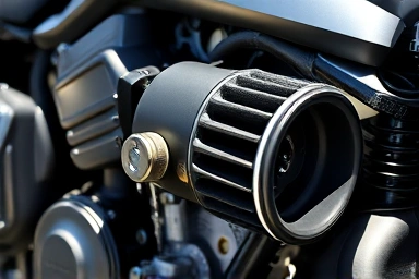 Close-up of motorcycle engine intake system upgrade.