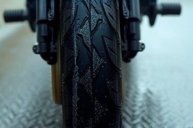 Motorcycle tire tread with water, showing grip on wet road.