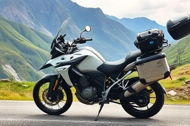 Motorcycle with rear carrier on scenic road