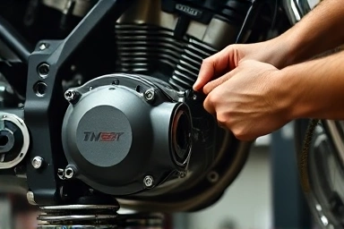 Mechanic's hands repairing motorcycle engine with tools