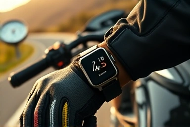 Motorcycle rider using smartwatch for navigation and safety.