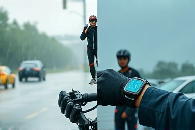 Smartwatch alerts for weather and music control for riders.