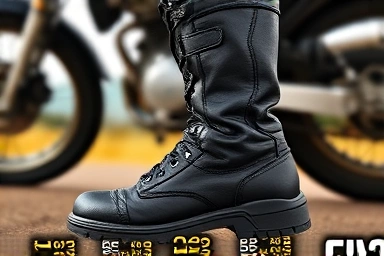 Sturdy motorcycle riding boots on a rider's feet.