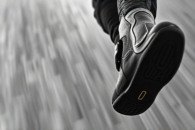 Rider's legs and feet in protective motorcycle boots.