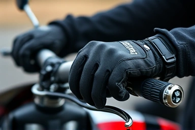 Rider's hands wearing perfectly fitted motorcycle gloves on handlebars.