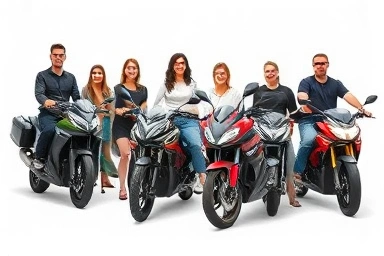 Riders of all heights confidently on motorcycles, feet touching ground.