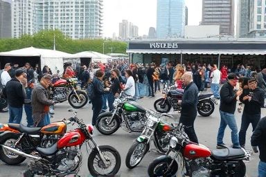 Motorcycle culture festival with people, bikes, and music.