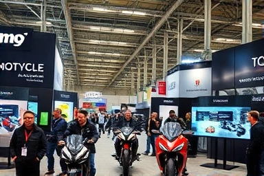 Innovative motorcycle exhibition showcasing tech and lifestyle.