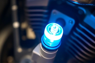 Motorcycle spark plug emitting a strong blue spark in engine.