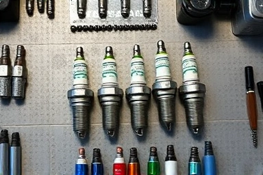 Variety of motorcycle spark plugs on a workbench for selection.