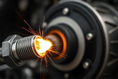 Motorcycle spark plug igniting powerful spark in engine