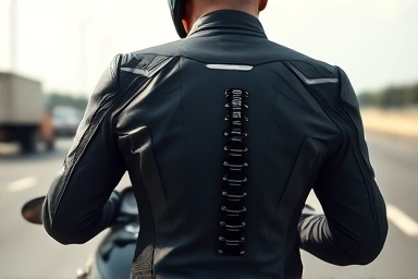 Motorcyclist wearing integrated spine protector for safety.
